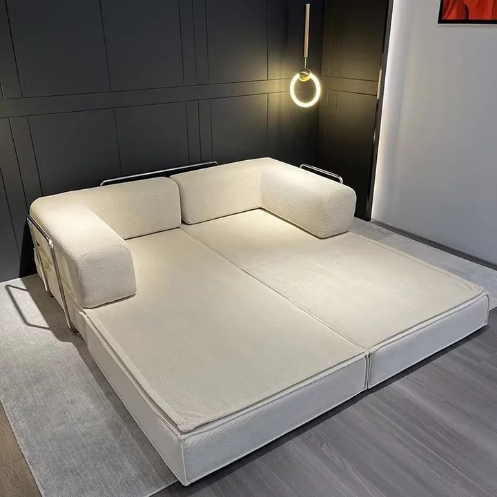 Kanapé, L-alakú kihúzható kanapé, 205x100x70 cm, kender szövet, vákuumcsomagolás, levehető huzat, modern design, csokoládébarna szín