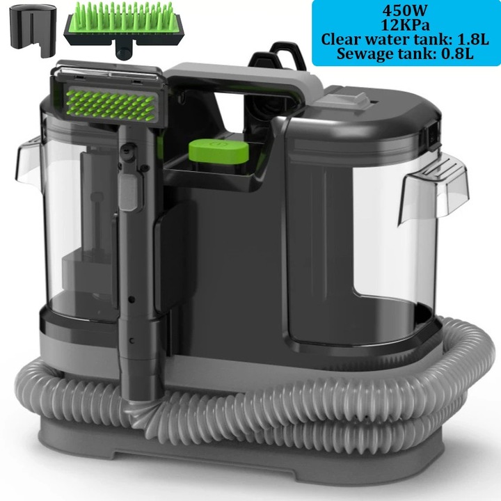 Aspirator spalare covoare, curatator portabil pete auto si canapea, 450W 12KPa, functie pulverizare si aspiratie, rezervor apa curata 1, 08 l, 220-240V, priza EU