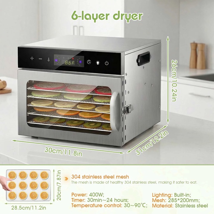 Сушилня за храни и сушено месо (джърки), дехидратор с 6 тави, 800W 220-240V, регулируема температура 30–90°C, таймер 24 ч, инокс