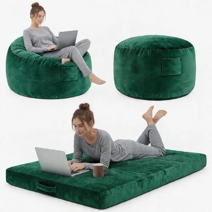 Nagy babzsákfotel, 120 cm-es fotelágy memóriahabbal, túlméretezett padló puff, mosható flanel huzat, nappaliba, zöld