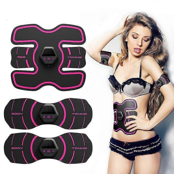 Electrostimulator abdominal portabil, 10 moduri, roz, set
