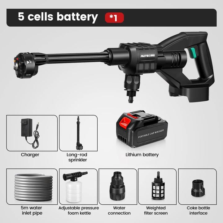 Spalator cu presiune portabil, pistol de apa fara cablu 21V, duza reglabila 6 in 1, baterie 7500 mAh, motor fara perii, furtun de apa 5 m, negru