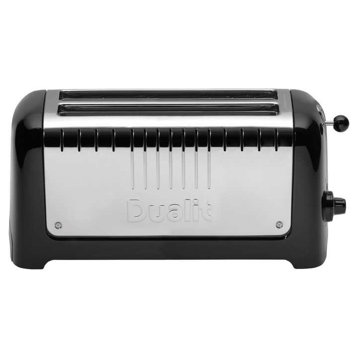 Toaster Dualit LITE 4 felii negru, fante extra largi de 36 mm, prajitor de paine retro cu fanta lunga, cu tehnologie Perfect Toast, functie Peek-and-Pop®, dezghetare si functie bagel, inclusiv suport de incalzire
