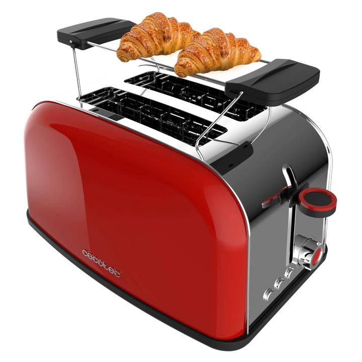 Toaster vertical Cecotec Toastin' time 850 Red, 850W, fanta dubla scurta si fanta larga de 3, 8 cm, bare superioare, otel inoxidabil, oprire automata si functie pop-up, tava pentru firimituri