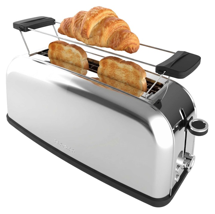 Toaster cu fanta lunga Cecotec Toastin' time 1100 Inox Long Plus, putere 1100 W, prajitor de paine 2 felii, fanta lata de 3, 8 cm, otel inoxidabil, atasament pentru chifle, 7 niveluri de prajire, sertar practic pentru firimituri