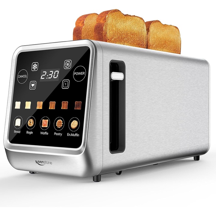 Toaster Keenstone 4 felii, prajitor digital inteligent cu afisaj tactil, functie de memorie, paine prajita cu un singur slot, temporizator, reincalzire si dezghetare pentru covrigi, paine