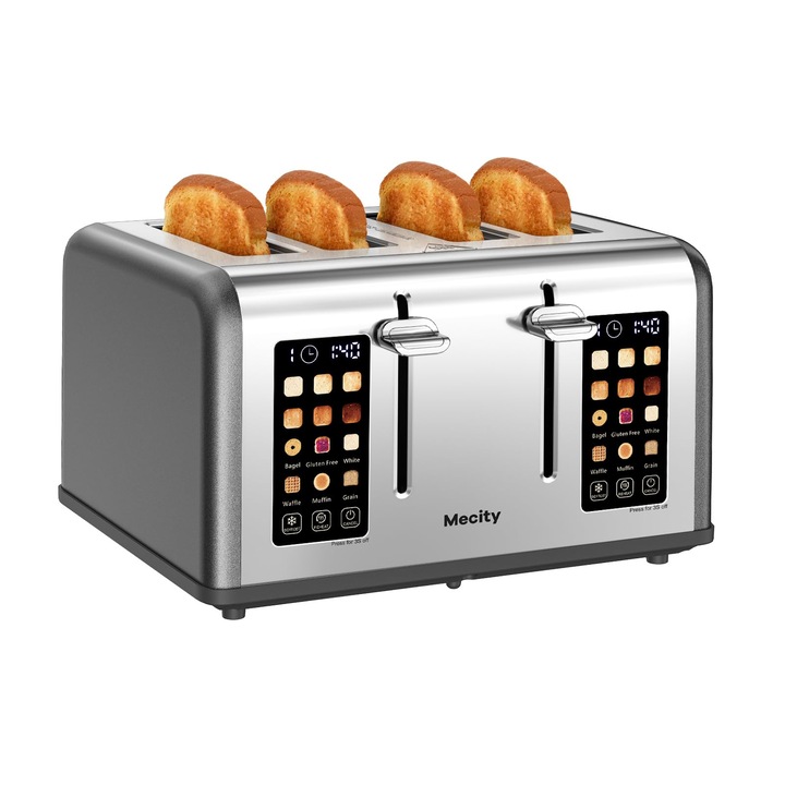 Toaster Mecity 4 felii cu control ecran tactil, 4 fante largi, prajitor de paine inteligent din otel inoxidabil pentru covrigi, briose, vafe, panou de control dublu