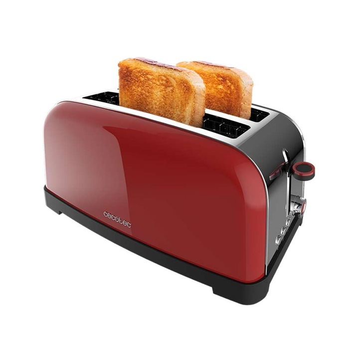 Függőleges kenyérpirító Cecotec Toastin' time 1500 Red Lite, 1500W teljesítmény, 4 szelet kenyér kapacitás, dupla hosszú és 3,8 cm széles nyílás, önközpontosító rendszer, 7 pirítási fokozat