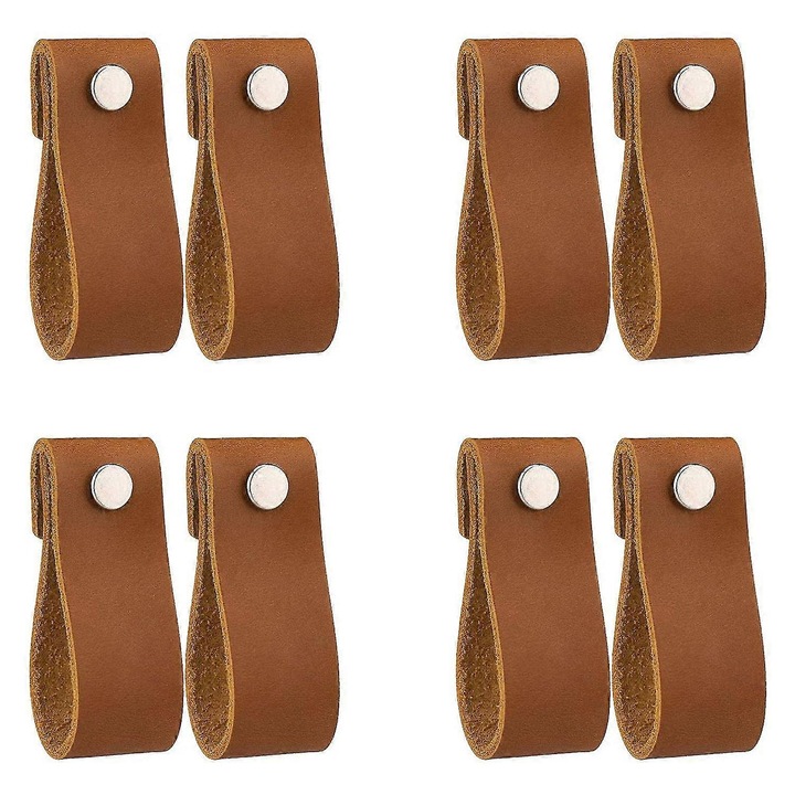 8 db barna valódi bőr fiókfogantyú szett szálcsiszolt fém gombokkal 16x21mm