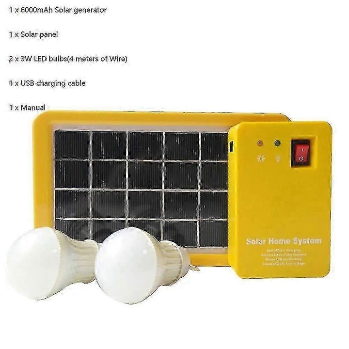 Sistem Iluminat Solar Camping 6000mAh 2 Becuri Alb Rece 3W