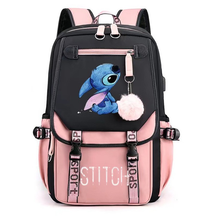 Ghiozdan fete HERUSI Stitch roz 46x29x16cm capacitate mare