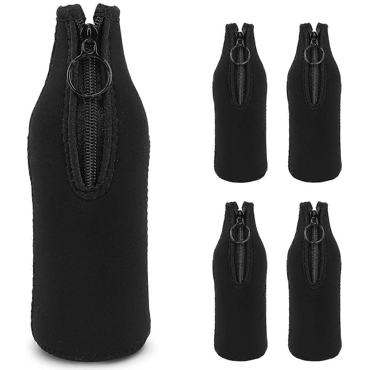5 db neoprén sörösüveg hűtőtok készlet, cipzárral, fekete, 19x6.5cm