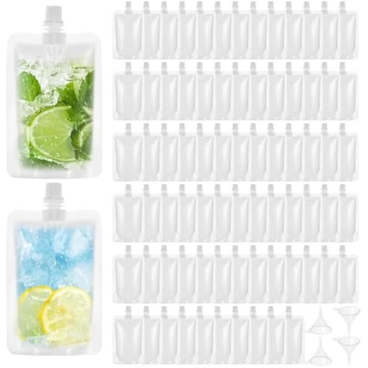 Átlátszó italzacskó készlet, 100 db, 100 ml, 4 tölcsérrel, élelmiszeripari műanyag, szivárgásmentes, hőálló, átlátszó