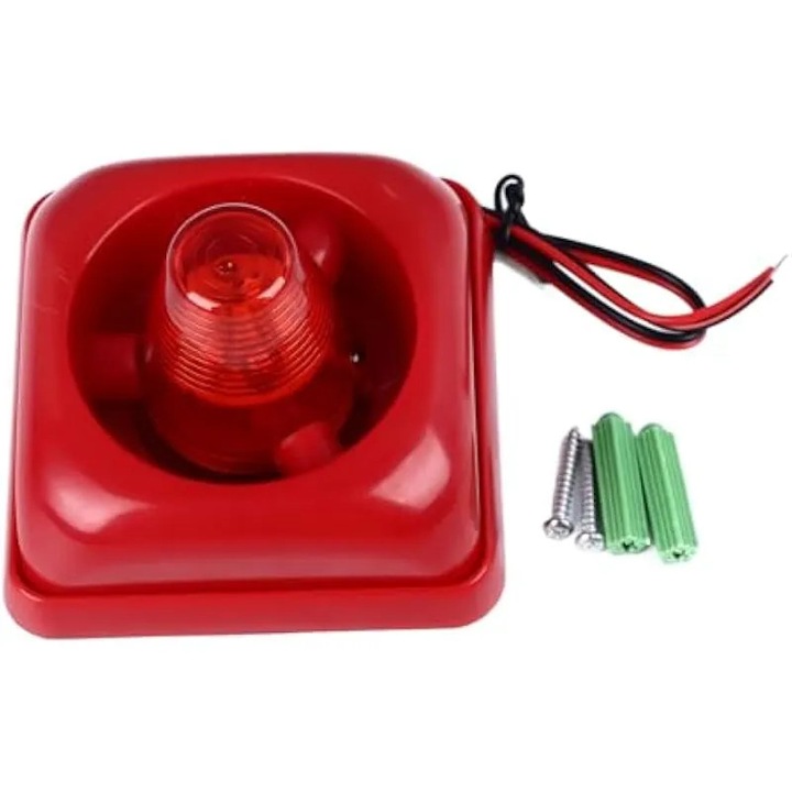 Hang- és fényriasztó, ipari sziréna, piros, 12V-24V, 115dB, 120x/perc, ABS