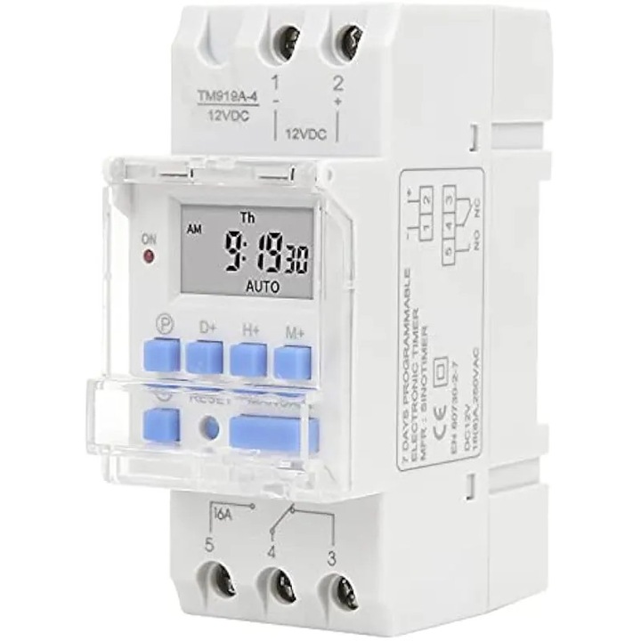 Timer digital saptamanal programabil, afisaj LCD, functie numaratoare inversa, 12V DC, 16A, montaj pe sina DIN 35mm