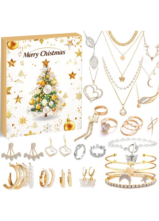 Set bijuterii, calendar de Advent (cutie-surpriza) cu 24 piese, placat cu aur si elemente perle, SP-KPK0424-1121-018, auriu/alb
