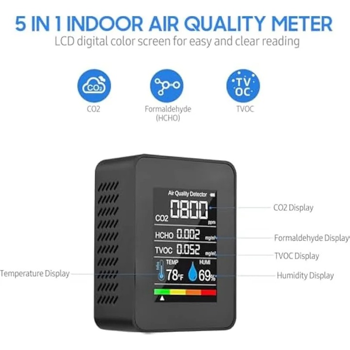 Többfunkciós CO2 érzékelő 5 az 1-ben, LED, fekete, 1200mAh