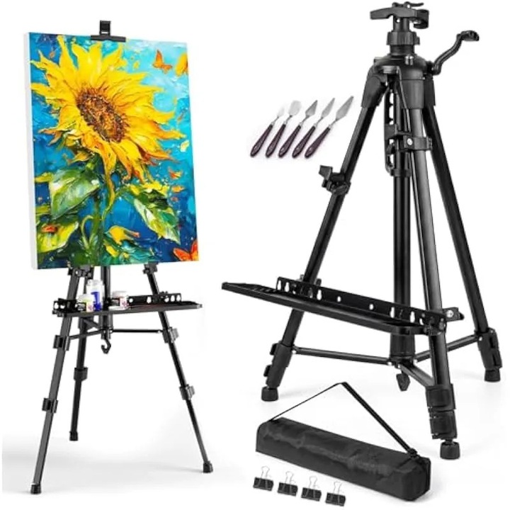 Állítható összecsukható festőállvány 50x157cm hajtókarral és 5 fém spatulával, fekete