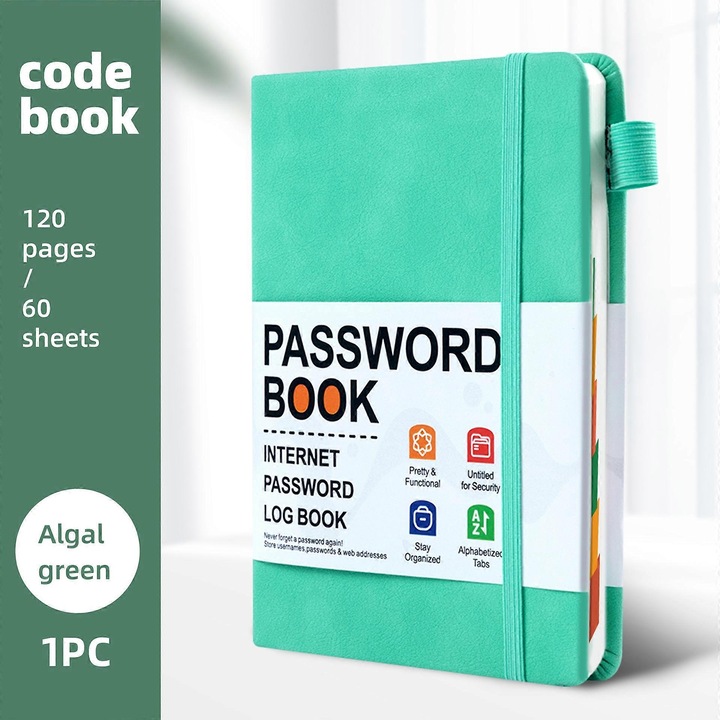 Carnet organizator parole B6 cu file index alfabetice colorate, inchidere cu elastic, 120 pagini, verde-algal