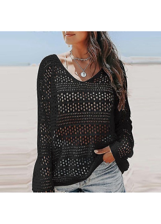 Top plaja dantela, maneca lunga, multicolor, S-3XL, Negru