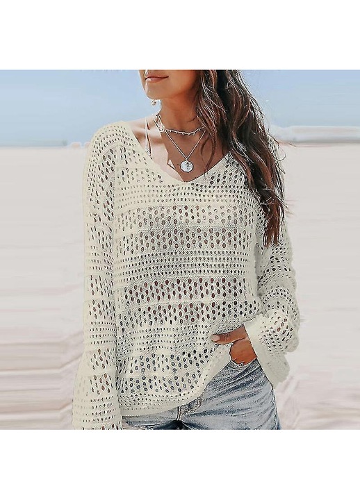 Top plaja dama, crosetat dantela, maneca lunga, multicolor, S-3XL