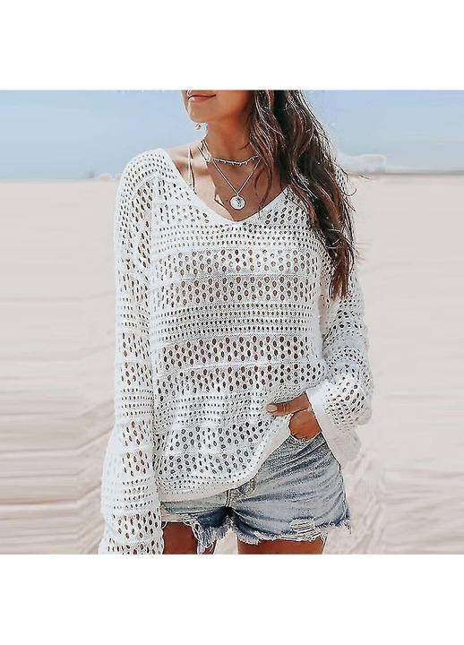 Top plaja dama, crosetat dantela, maneca lunga, multicolor, S-3XL