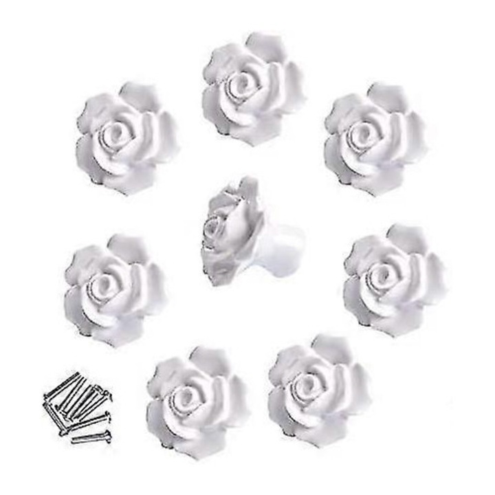 8 db fehér kerámia rózsa fogantyú, 4x3cm, bútorokhoz