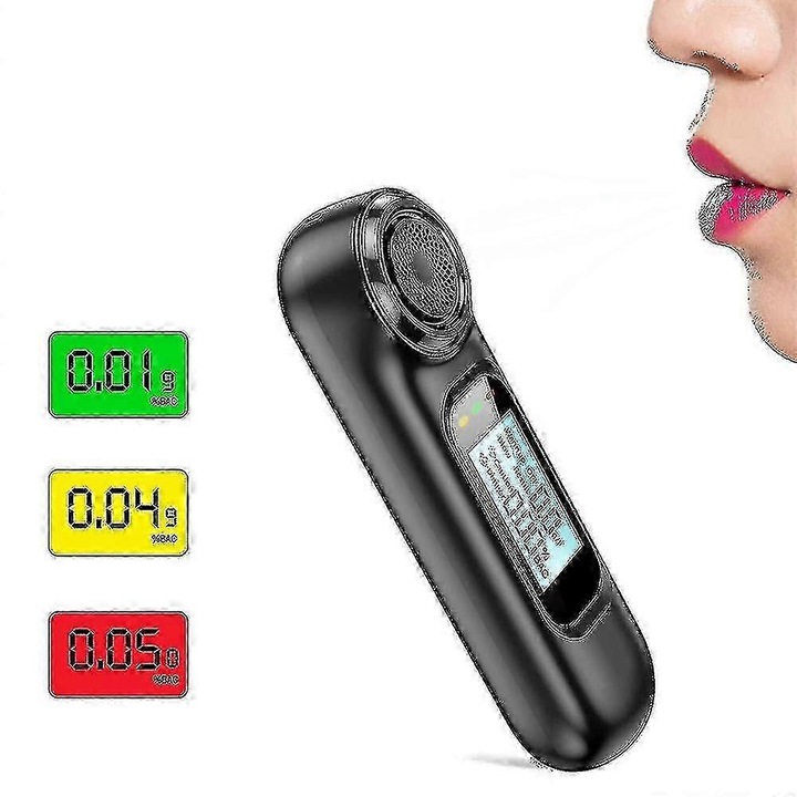 Преносим тестер за алкохол FU-K027620260817-24529, полупроводников сензор, презареждаем чрез USB, LCD дисплей с цветно предупреждение, измерване %BAC/g/L, черен