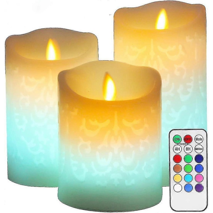 Set lumanari LED din ceara parafina, model sculptat, multicolor, 7.5x10cm-7.5x15cm-7.5x18cm