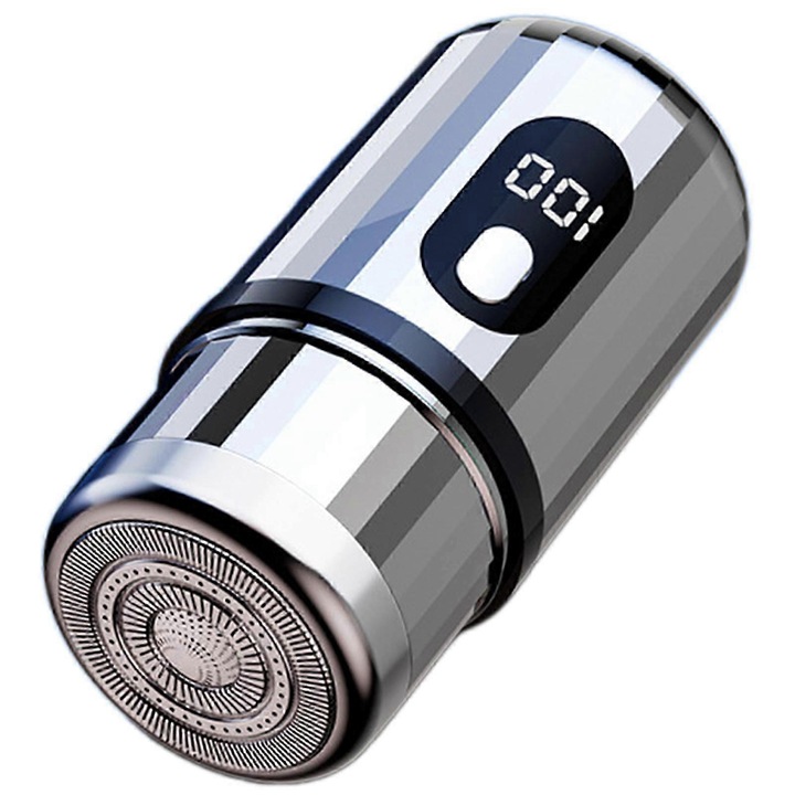 Компактна електрическа самобръсначка, USB презареждаема, сребриста, 3.9x3.9x8.5cm, комплект с тример за нос