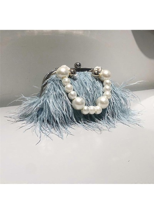 Női clutch táska, pufi és gyöngylánc, kék, 22x20x4cm