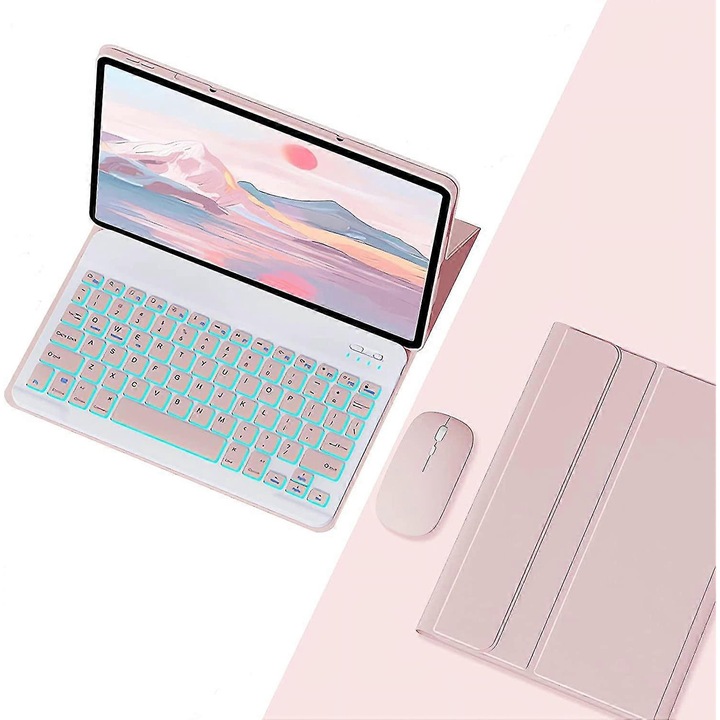 Világító billentyűzetes és Bluetooth egérrel ellátott tablet tok, rózsaszín, 11.2inch