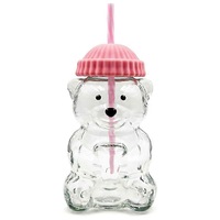 Pahar sticla cu pai urs roz 500ml set complet