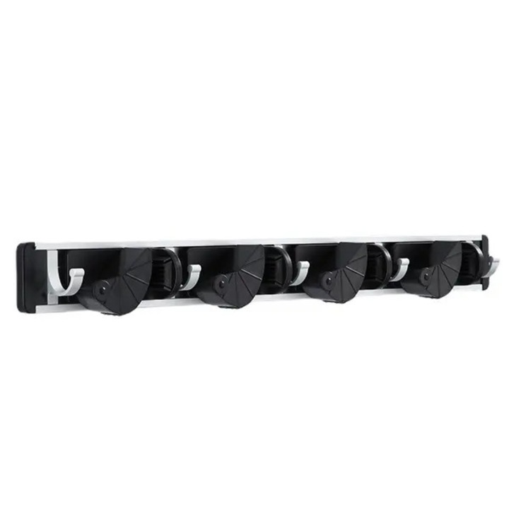 Suport perete mop, organizator, 4 pozitii, 5 carlige, aluminiu, negru, ajustabil