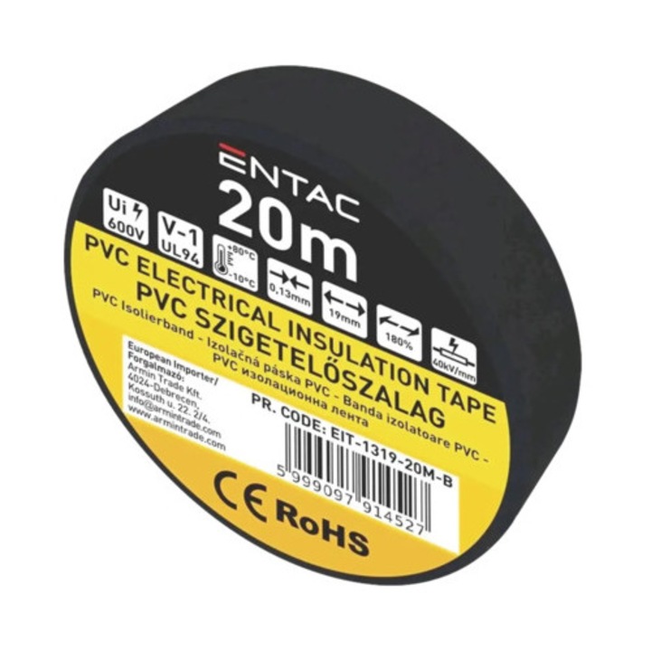 Banda izolatoare PVC Entac 19mm x 20m, negru