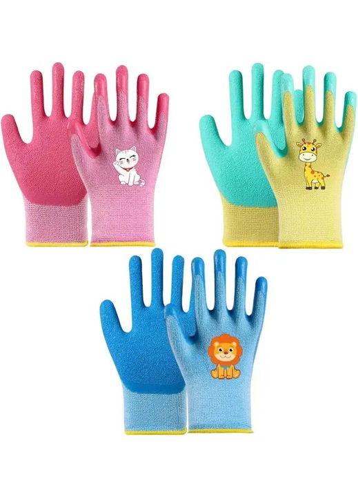 Gyerek kesztyű szett 3 pár, színes állatok, 4-es méret, latex, csúszásgátló