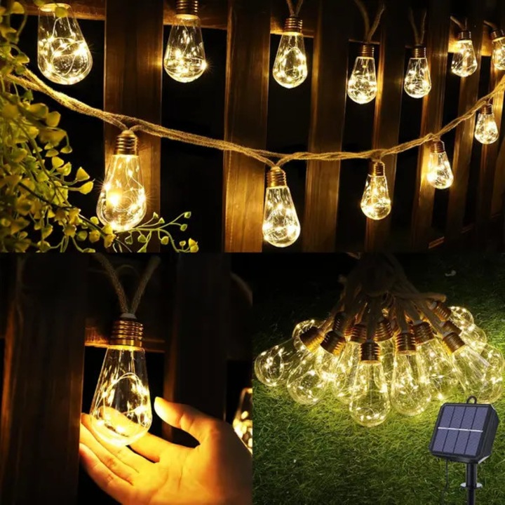 Napelemes fényfüzér 8m 160 LED, kenderkötél, meleg fehér, vízálló