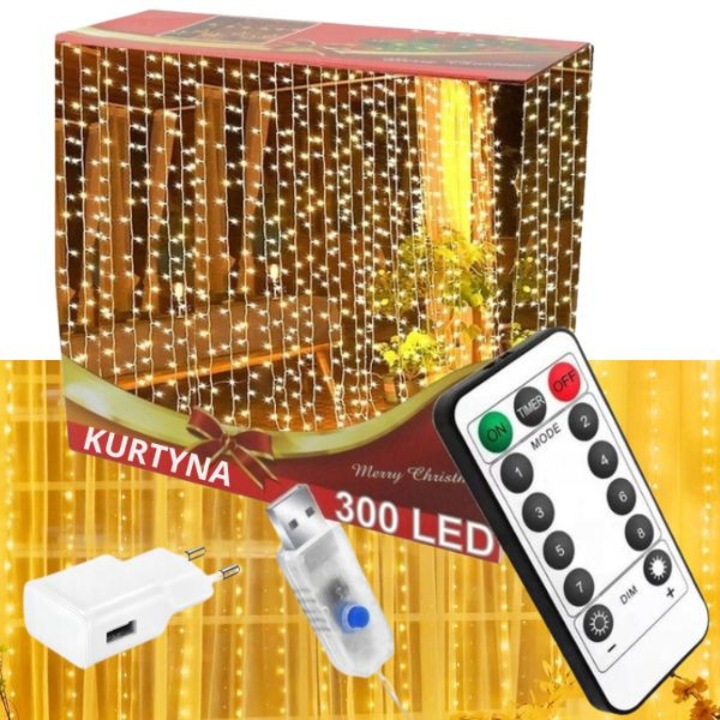 Fényfüggöny GGV 3x3m 300 LED meleg fehér USB távirányítóval