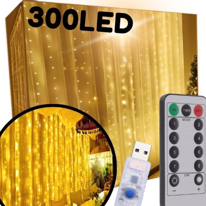 Светеща гирлянда Sternhoff 300 LED 3x3м топло бяла USB с дистанционно управление