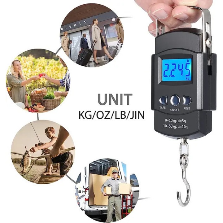 Digitális horgászmérleg 50kg LCD kijelzővel és beépített 1m-es mérőszalaggal