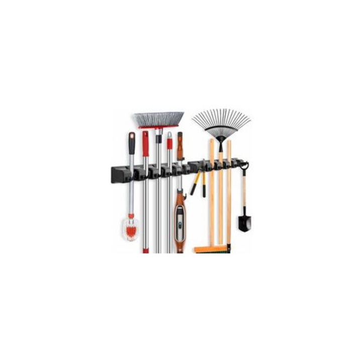 Suport mop perete 2 piese multifunctional ABS negru 5x6 locuri