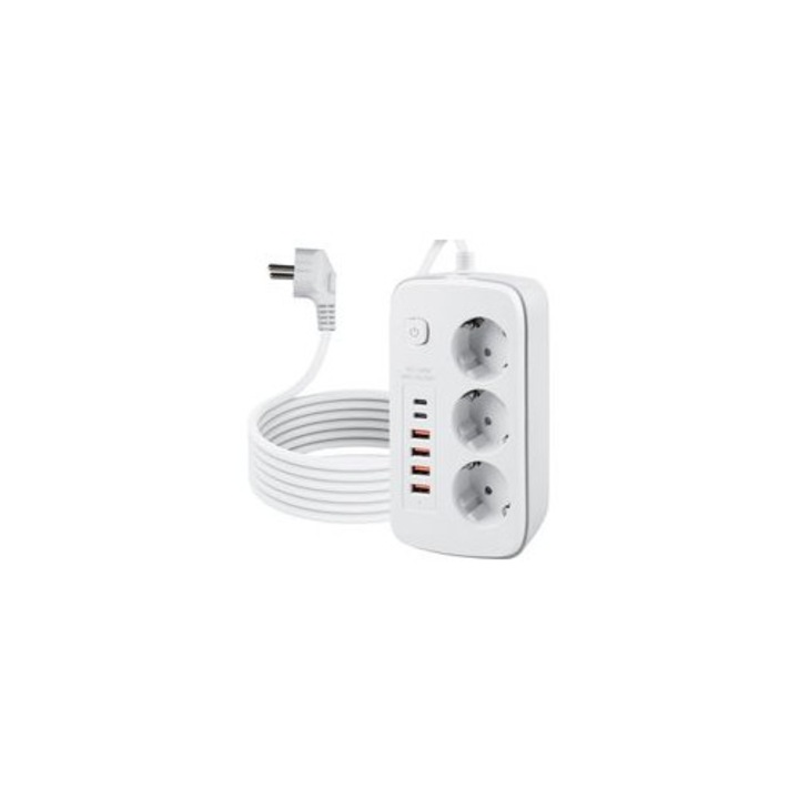 Priza retractabila cu 4 USB si 2 USB-C, intrerupator, alb, 2m