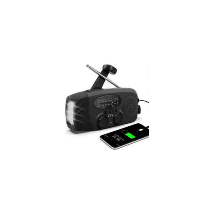 Hordozható rádió, kézi hajtókaros, újratölthető, napelemes, 600mAh, fehér LED, 12.9x6x4.5cm