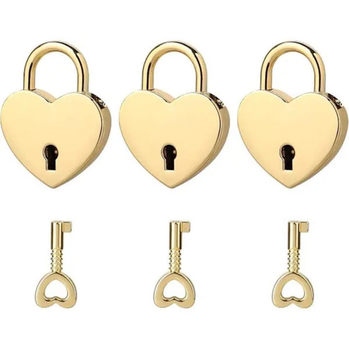 3 db arany fém szív lakat, 3.9x3cm, kulccsal
