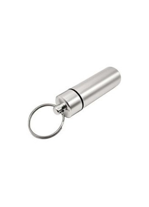Mini pirula tartó, alumínium, ezüst, 5x1.5cm, kulcstartóval, légmentesen záródó és vízálló