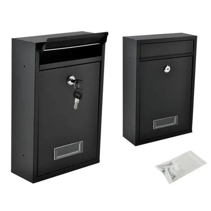 Fém postaláda, fekete, 32x21.7x8.5cm, zárral és kulcsokkal, komplett szett