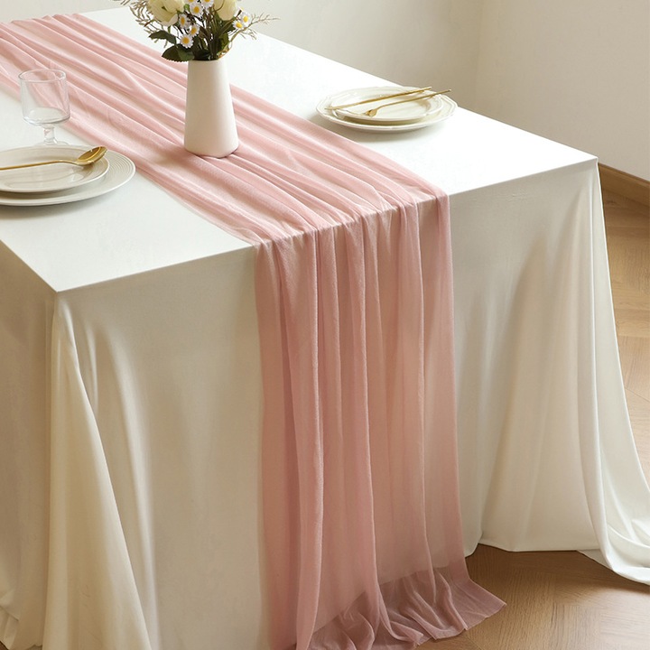 Áttetsző organza asztali futó, bohó stílusú, közepes rózsaszín, 30 x 300 cm