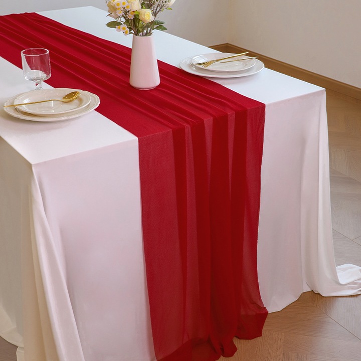 Áttetsző organza asztali futó E43-34-A055-e-8921, ráncolt, bordó, 30 x 300 cm