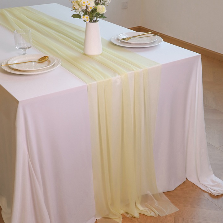 Organza asztalterítő, 75x300cm, világossárga, bohém stílus, esküvőkre és partikra