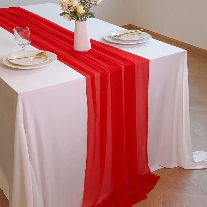 Organza sifon asztali futó, romantikus bohém stílus, piros, 30 x 300 cm